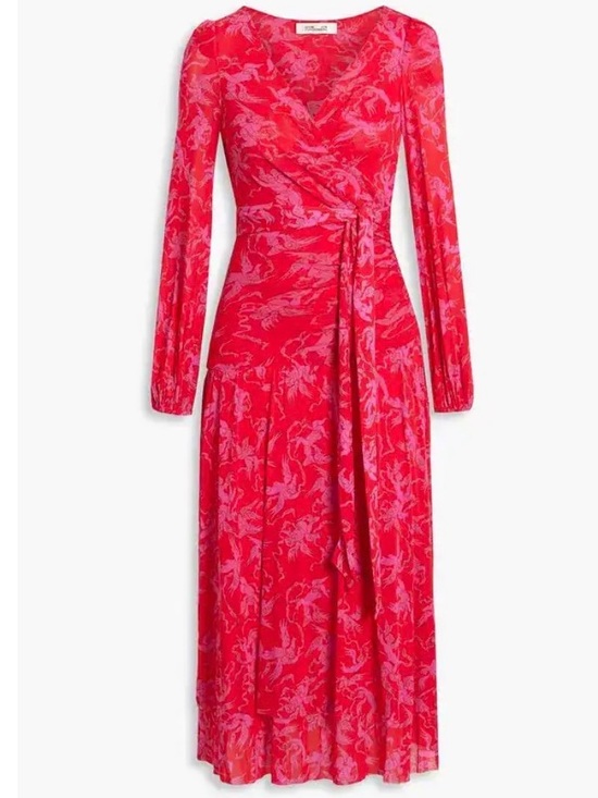 Diane Von Furstenberg Dresses & Skirts - Diane Von Furstenberg Catalina Tiered Red/Lavender Draped Long Sleeve Midi Dress
